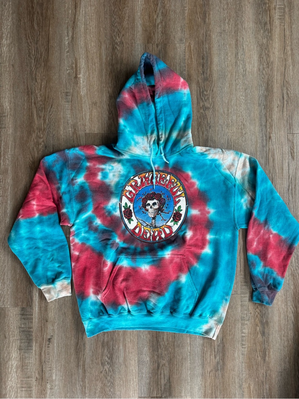 Grateful Dead Teal and Aqua Tie-Dye Hoodie with Skull Logo